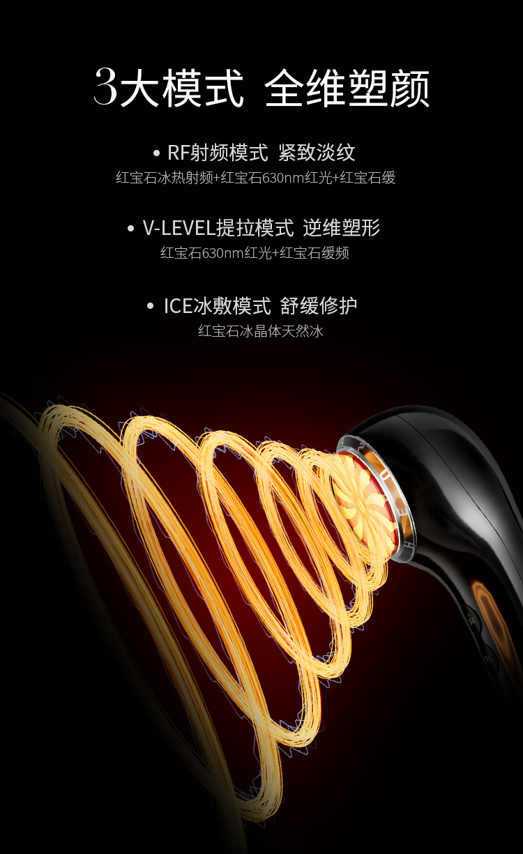 3大模式全維塑顏，RF射頻模式-緊致淡紋、V-LEVEL提拉模式-逆維度塑形、ICE冰敷模式-舒緩修護