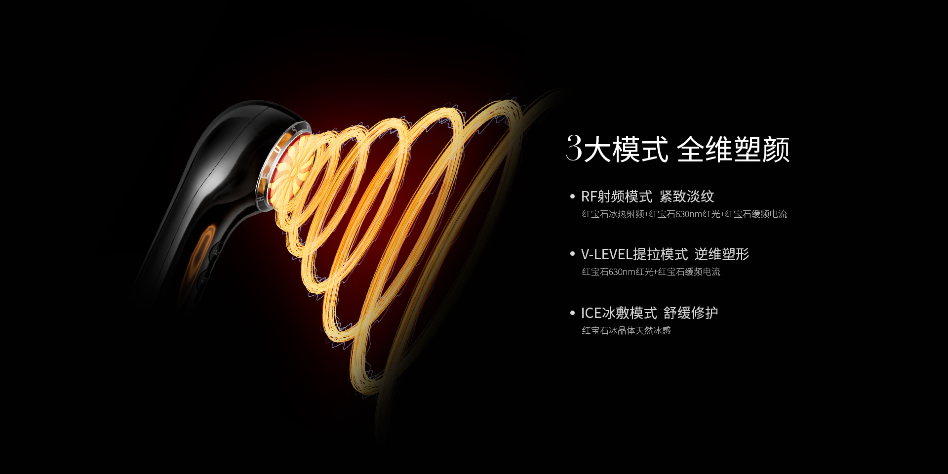 3大模式全維塑顏，RF射頻模式-緊致淡紋、V-LEVEL提拉模式-逆維度塑形、ICE冰敷模式-舒緩修護