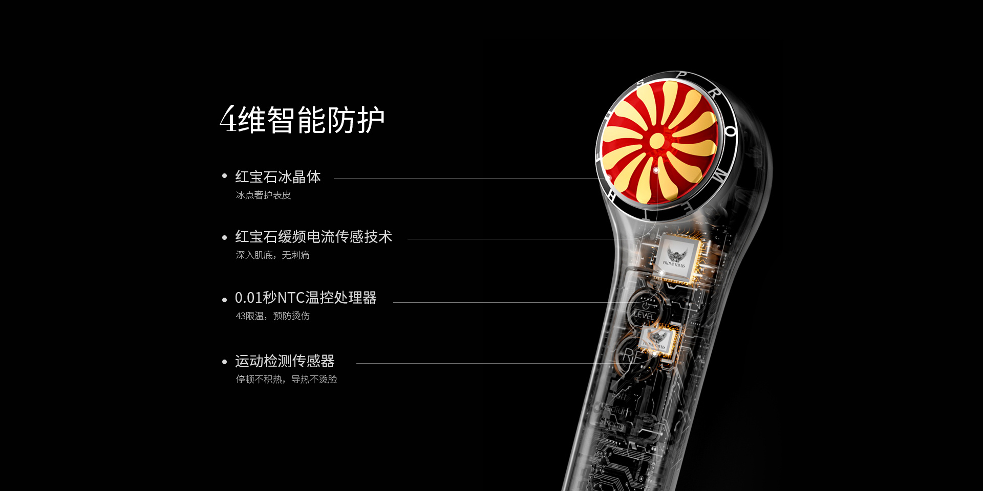 4維智能防護，紅寶石晶體，紅寶石緩頻電流傳感技術，0.01秒NTC溫控處理器，運動檢測傳感器